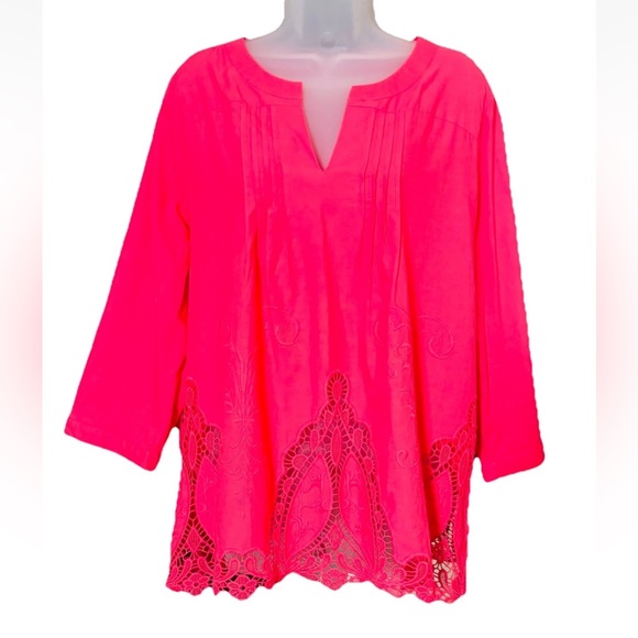 Saint Tropez West Tops - Saint Tropez West Cotton Tunic Top Size 1X Hot Pink Cut Out Lace Feminine